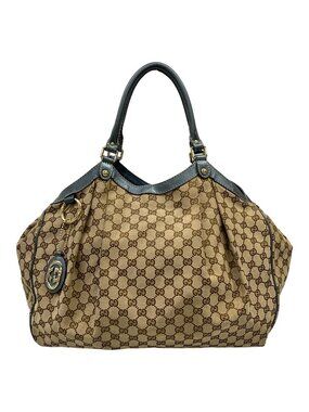 Gucci Handbag GG Pattern Dark Brown Beige Blue Leather